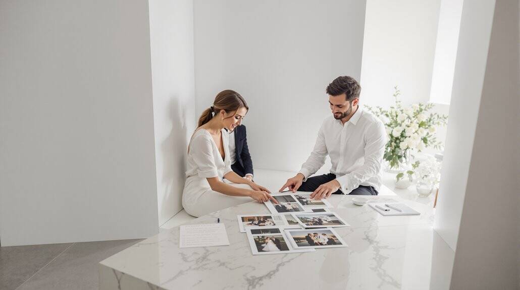 Bride and groom reviewing wedding photos and plans together.