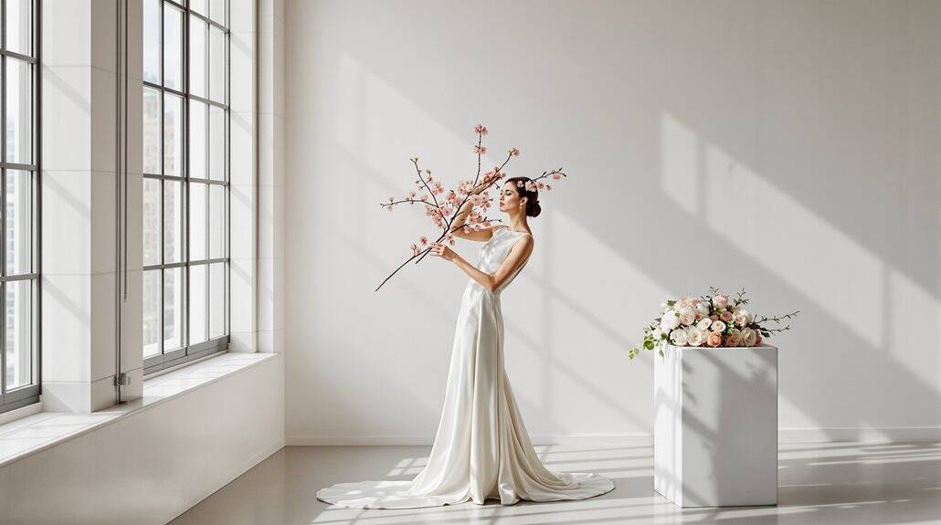 Bride holding a branch with pink blossoms in a bright, minimalist studio setting.