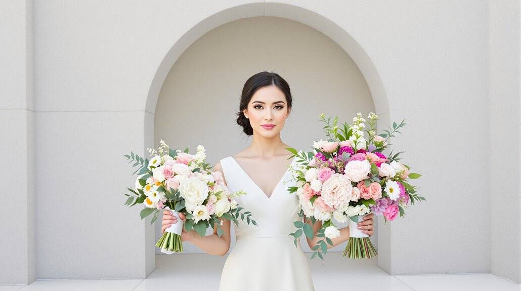 Bride holding beautiful floral bouquets for wedding ceremony.