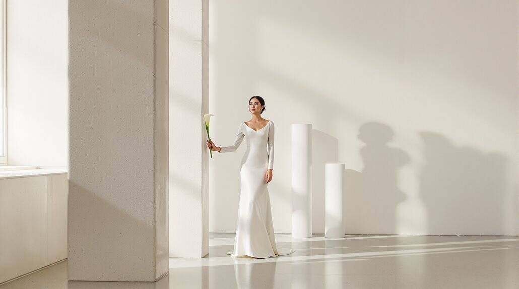Bride in elegant white wedding gown standing in minimalist modern space.