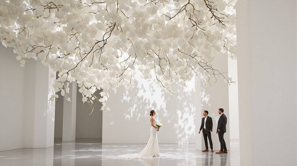 Elegant wedding ceremony with bride and two grooms under a large white flowering tree.