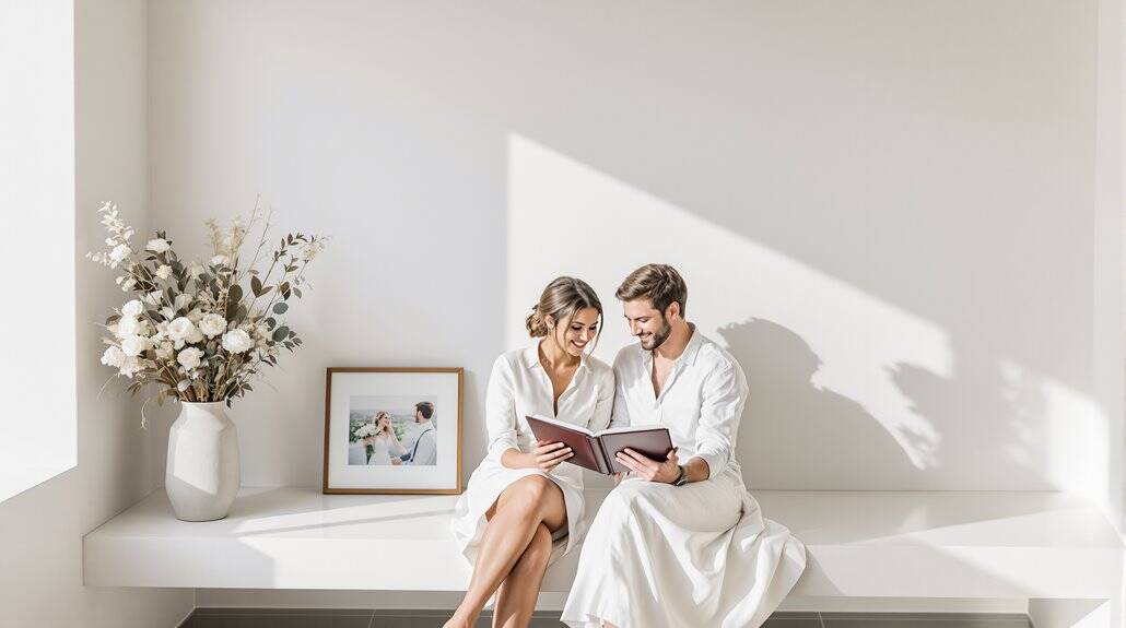 Happy wedding couple reading a photo album in bright modern space.
