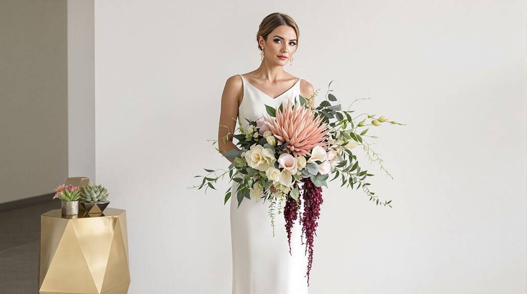 Bridal bouquet featuring pink protea, white roses, and greenery for a stunning wedding look.