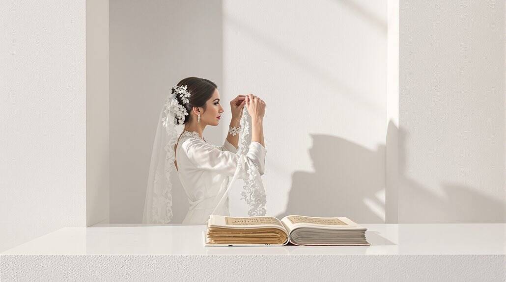 Bride in wedding dress praying with hands clasped, soft shadow on wall.