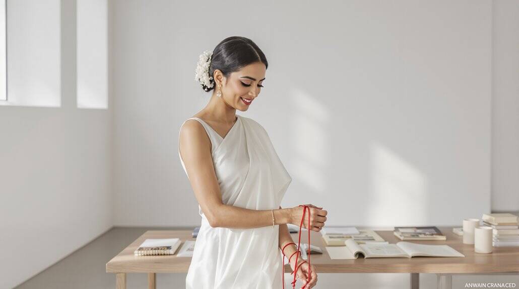 Bride in elegant wedding dress holding red ribbon in bright, modern studio.
