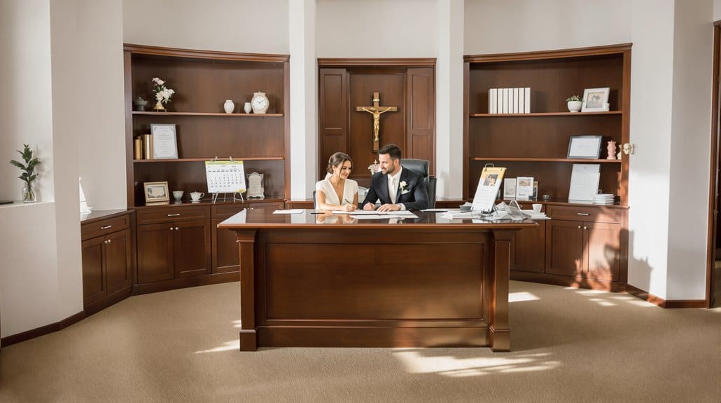 Office of a wedding planner with a bride and groom discussing plans.