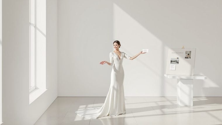 Elegant wedding bride in a sleek white gown holding a small gift in a bright, minimalist room.