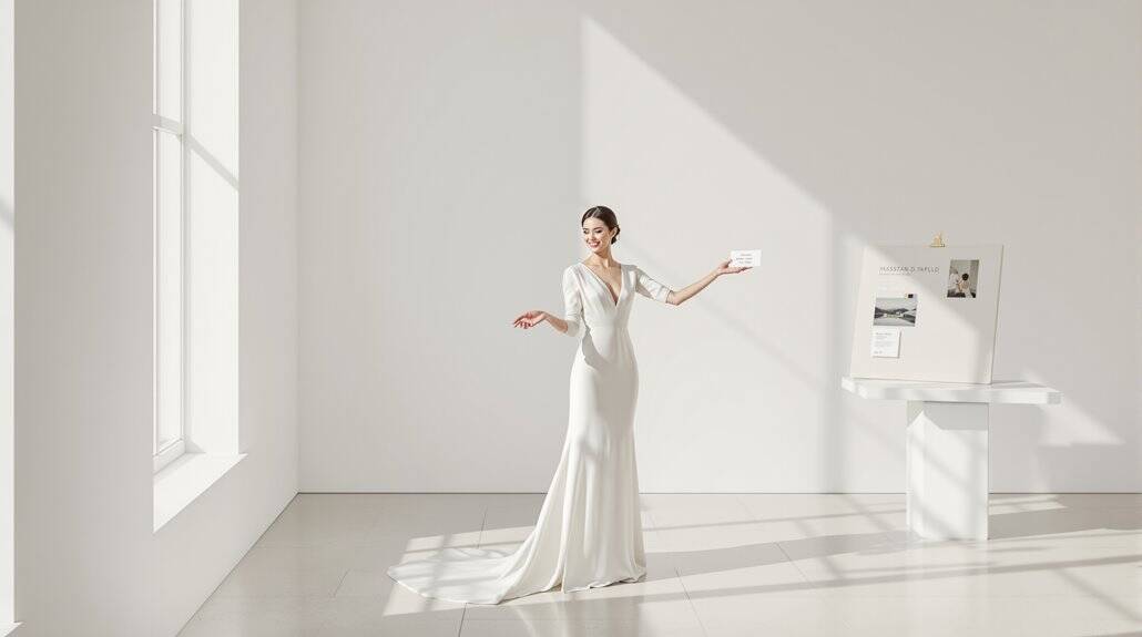 Elegant wedding bride in a sleek white gown holding a small gift in a bright, minimalist room.