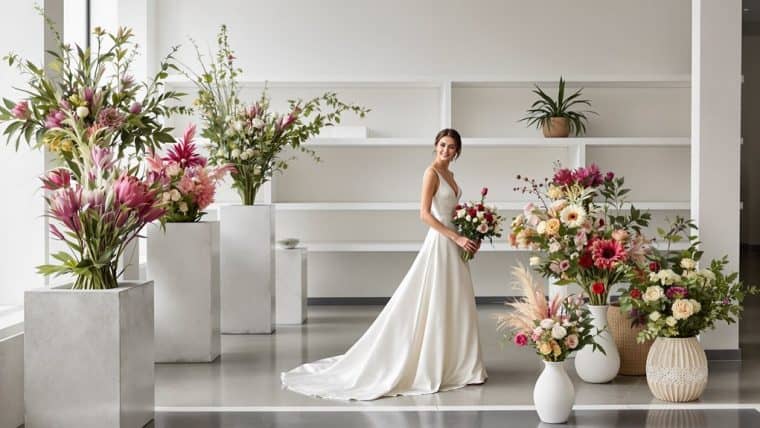 Bride in wedding dress with vibrant floral arrangements at elegant wedding venue.