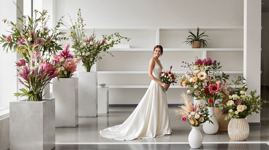 Bride in wedding dress with vibrant floral arrangements at elegant wedding venue.