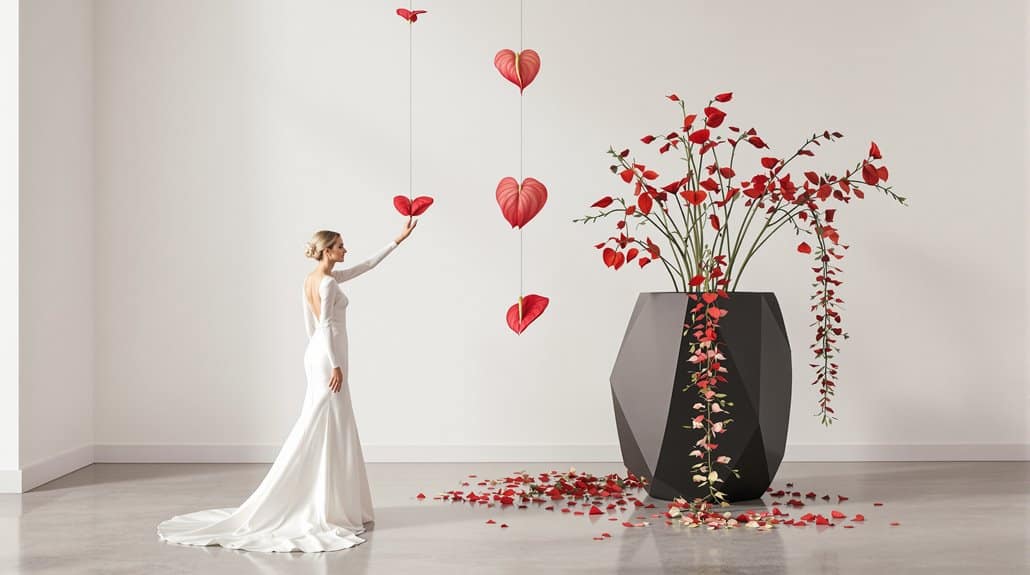 Bride with hanging heart balloons and floral arrangement in modern wedding setting.