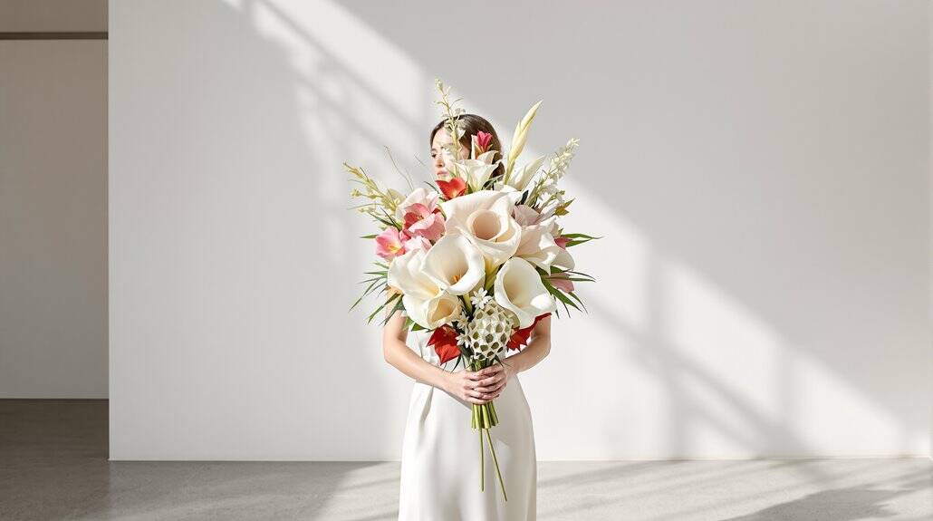 Bride holding a large bouquet of white and pink flowers at her wedding.