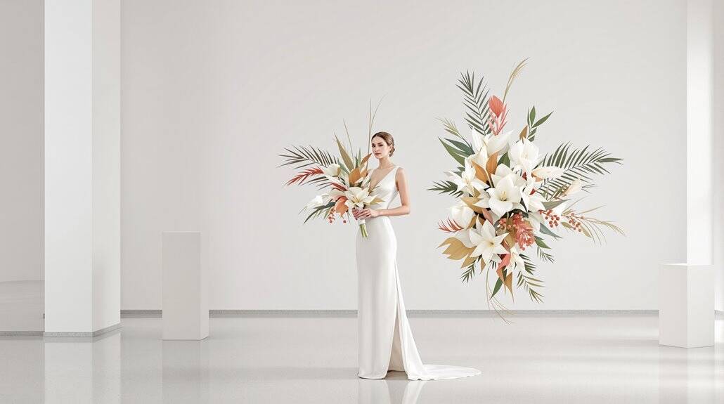 Bridal bouquet with large white lilies and tropical foliage, perfect for a wedding ceremony.