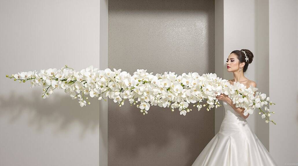 Bridal bride holding a large cascading white orchid bouquet at her wedding.