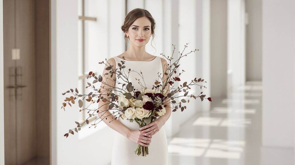 Bridal portrait of a bride holding a beautiful bouquet in a modern, bright venue.