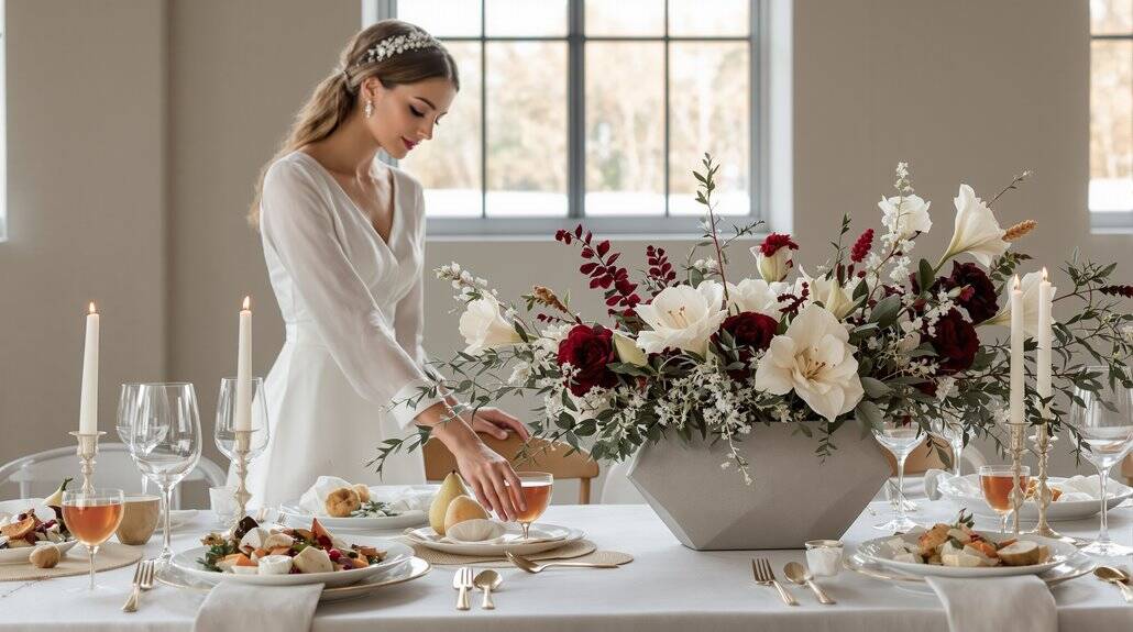 Elegant wedding table with floral centerpiece and fine dining setup.