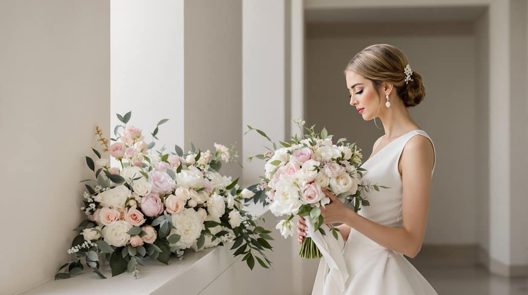 Bridal portrait of a bride with elegant makeup and hairstyle holding a bouquet of pink and white ros.