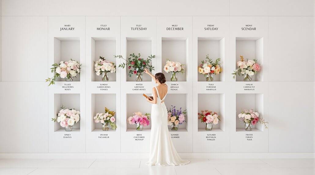 Beautiful wedding flowers arranged in a wall calendar display.