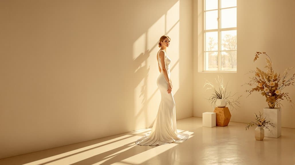 Bridal portrait with natural sunlight highlighting a bride in a white wedding gown.