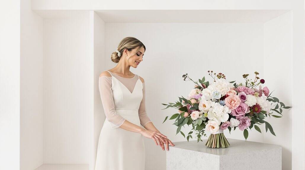 Beautiful bride in wedding dress with floral bouquet on white background.
