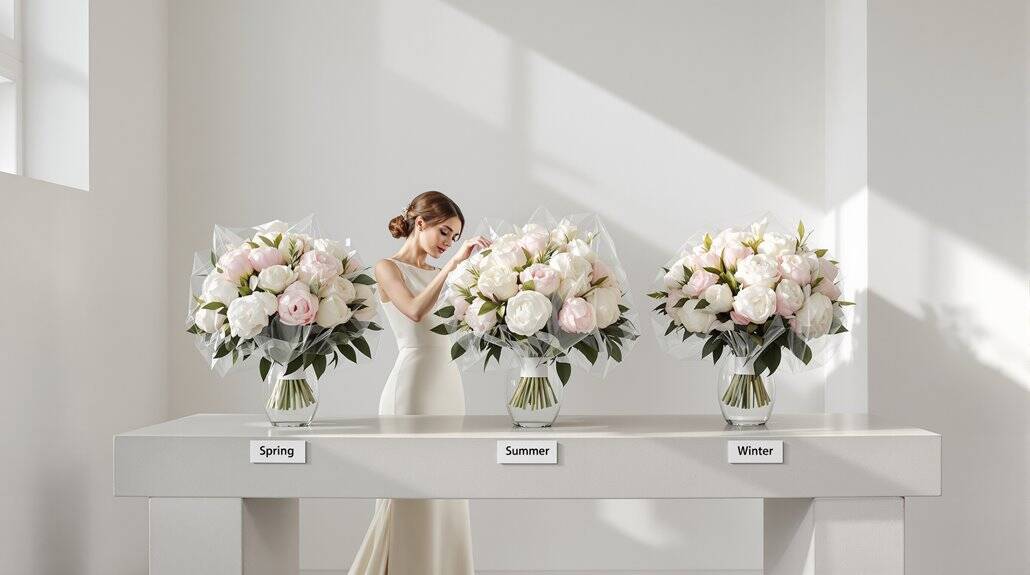 Elegant wedding floral arrangements with roses for spring, summer, and winter themes.