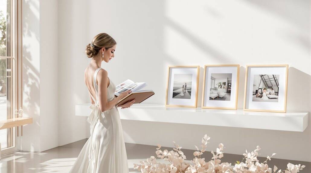 Bride reading a book in a bright, modern wedding venue with framed photos on the wall.