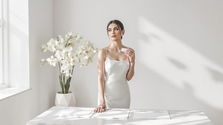 Elegant bride in satin wedding dress with floral decor, bright natural light.