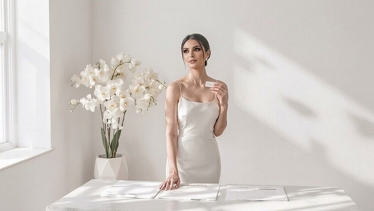 Elegant bride in satin wedding dress with floral decor, bright natural light.