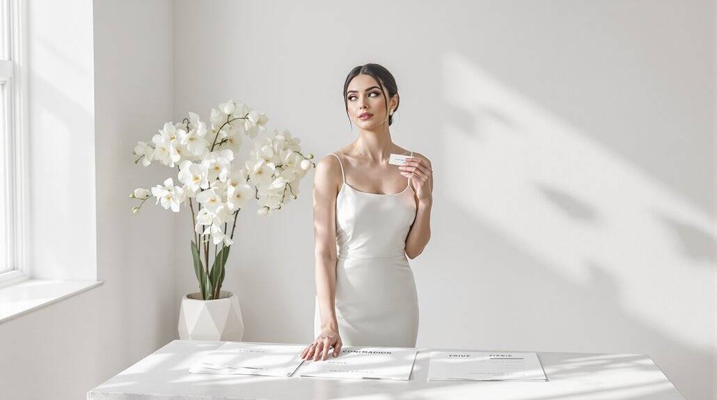 Elegant bride in satin wedding dress with floral decor, bright natural light.