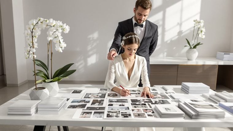 Elegant wedding planning with a bride and groom reviewing design ideas.