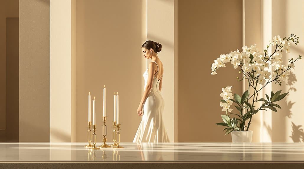 Bride in elegant wedding dress standing in a modern, minimalist interior with candles and floral dec.