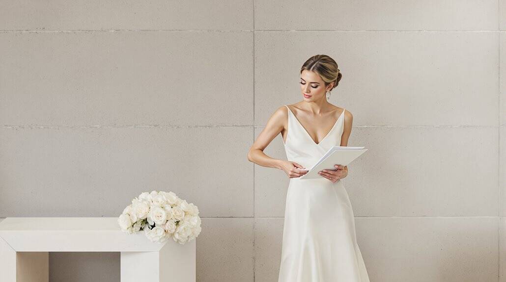 Bride reading vows in a sleek white wedding dress.