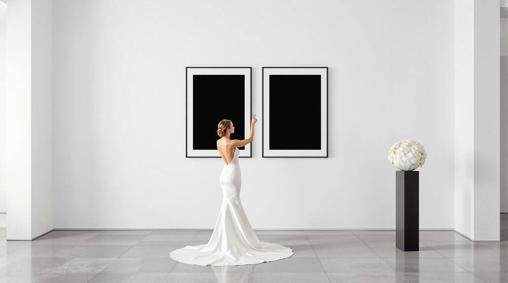 Bride in elegant wedding dress viewing modern art in gallery.