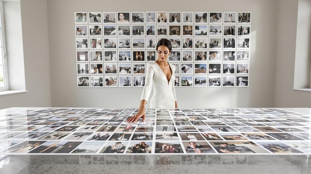 Elegant wedding photo collage on a large table with a bride viewing memories.