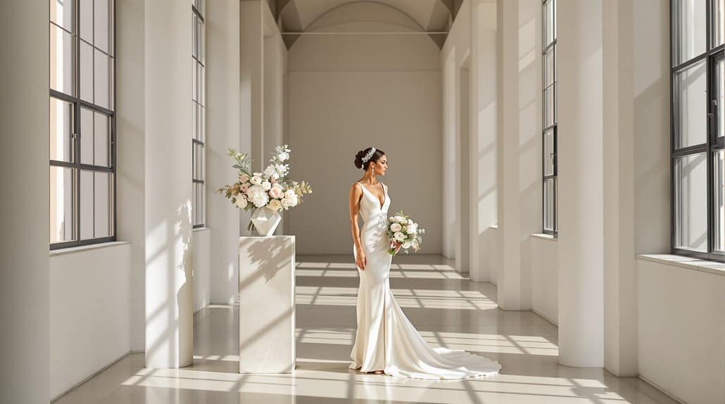Bride in elegant wedding dress holding bouquet in well-lit, modern venue with large windows.