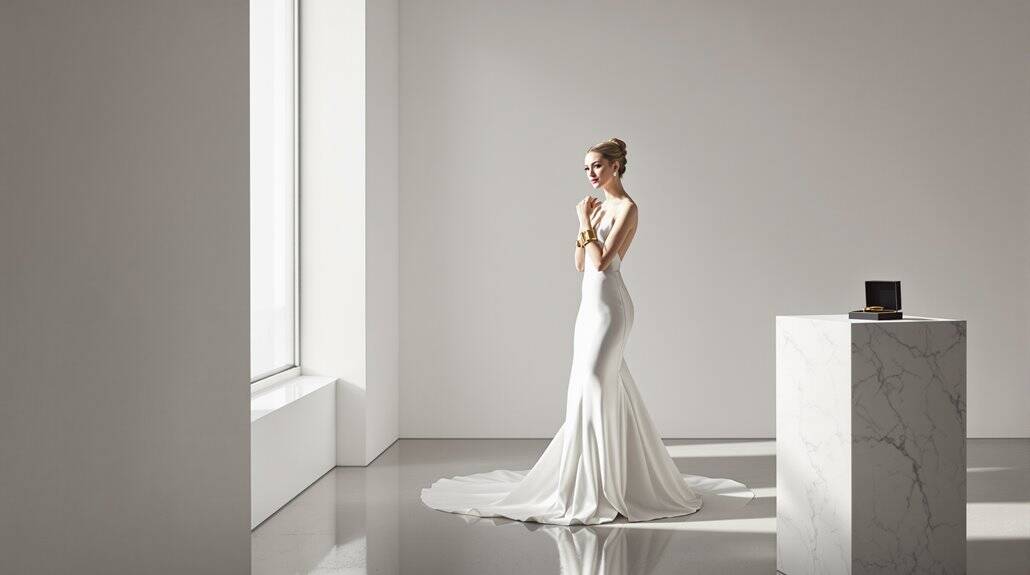 Bride in elegant white wedding gown standing in bright minimalist room.