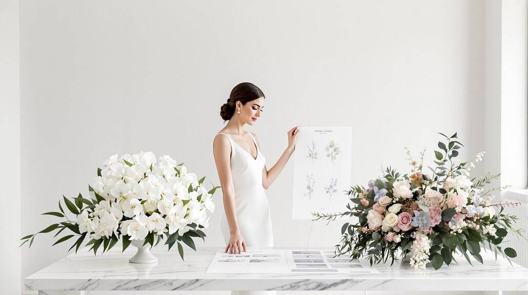 Elegant wedding floral arrangement with white and blush flowers for bridal decor.
