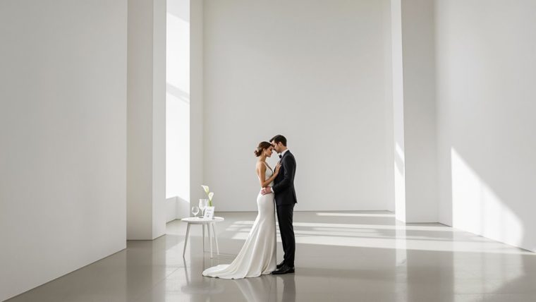 Elegant wedding ceremony with bride and groom in a minimalist, bright venue.