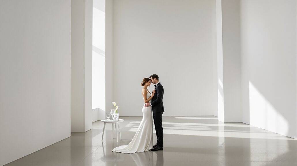 Elegant wedding ceremony with bride and groom in a minimalist, bright venue.