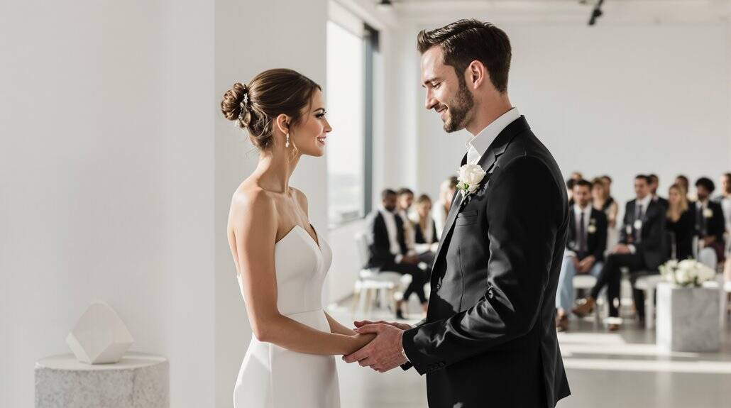 Bride and groom exchanging vows at a modern wedding ceremony.
