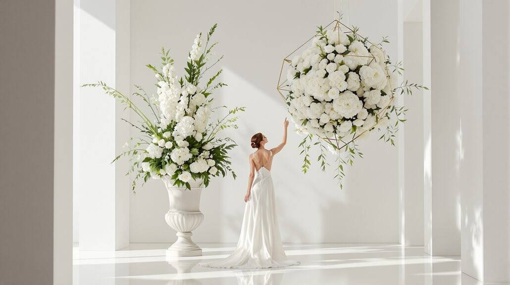 Elegant wedding floral display with white roses and greenery in a modern setting.