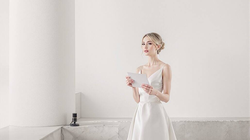 Bride in elegant wedding dress holding a letter in a minimalist white room.
