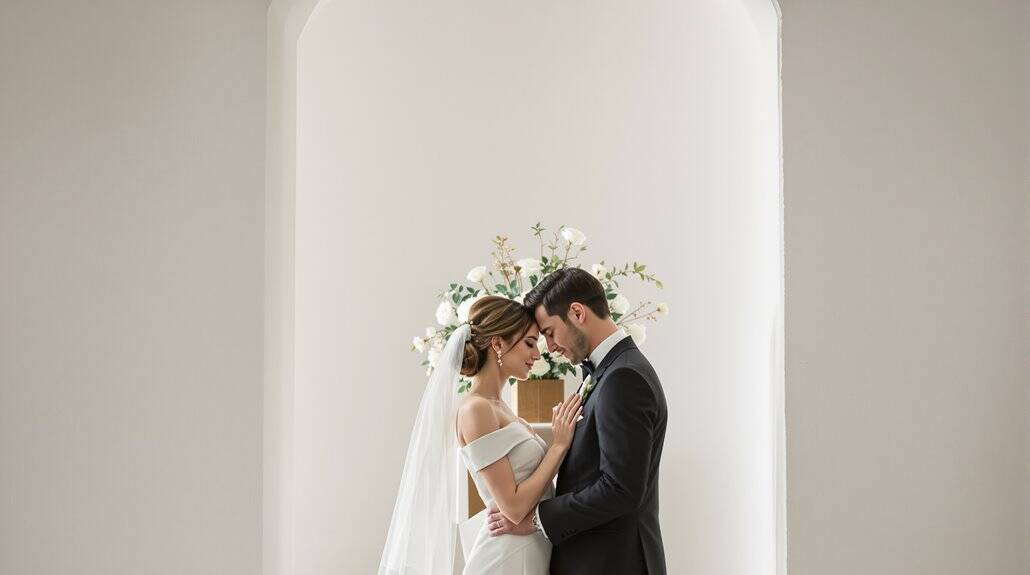 Bride and groom sharing a kiss during their elegant wedding ceremony indoors.