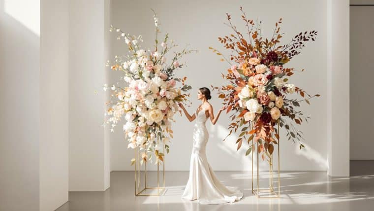 Elegant wedding floral arrangements with white and blush flowers and lush greenery.