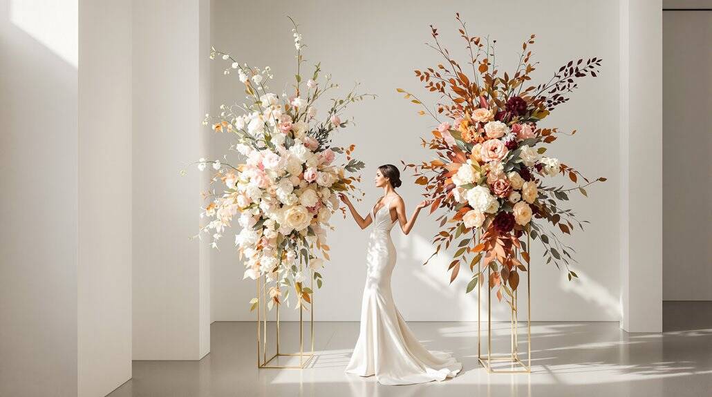 Elegant wedding floral arrangements with white and blush flowers and lush greenery.