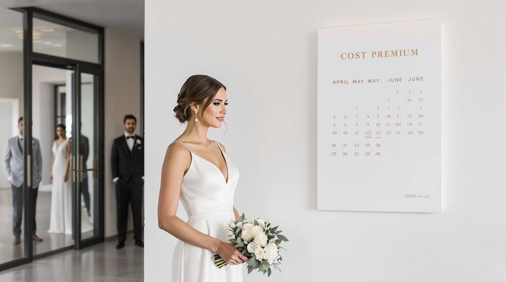 Bride in elegant wedding dress holding bouquet at wedding venue.