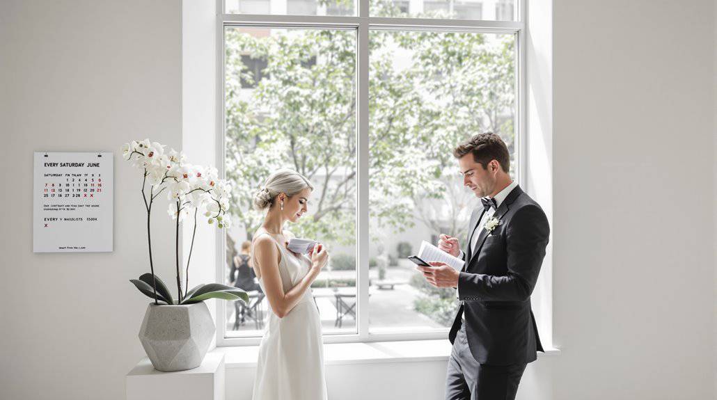 Elegant wedding ceremony with bride and groom reading vows by a large window.