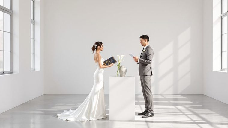 Bride and groom exchanging vows in a modern, minimalist wedding setting.