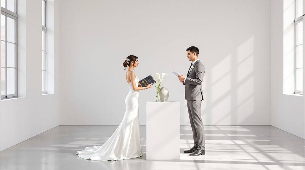 Bride and groom exchanging vows in a modern, minimalist wedding setting.