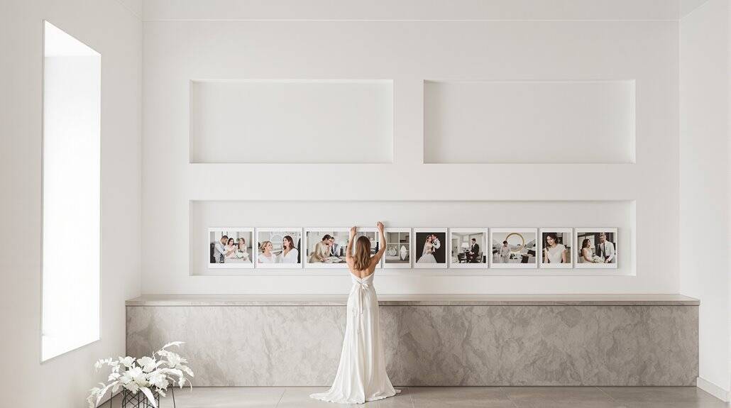 Bride viewing wedding photos on a minimalist white wall display.